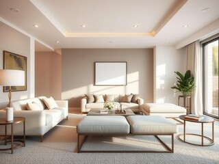 A stylish and minimalist modern living room interior with comfortable furniture and natural light, furniture, relaxation