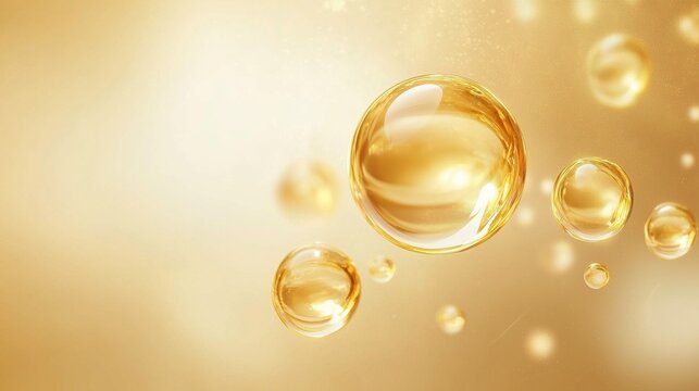Translucent oil globules infused with collagen, shimmering gently on a serene pastel background.
