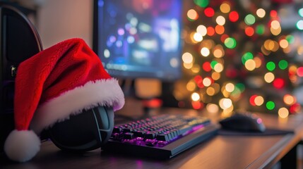 Santa hat at the gamer's computer, Christmas promotion on gaming items