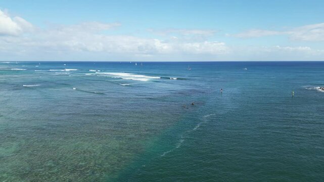 Ala Moana Bowls surf break and channel entrance to the harbor in Honolulu on the island of Oahu, Hawaii. 