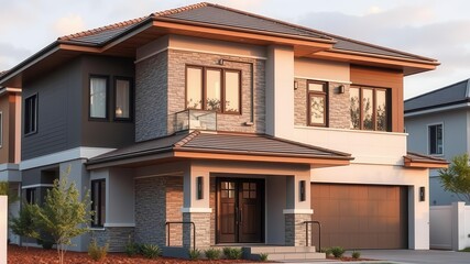 Fototapeta premium Modern house exterior with white walls, large windows, and a sloped roof, contemporary, construction
