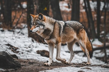 Obraz premium Majestic Wolf in Snowy Forest Setting