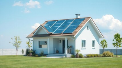 Modern solar powered eco-friendly house with rooftop panels, alternative energy, modern