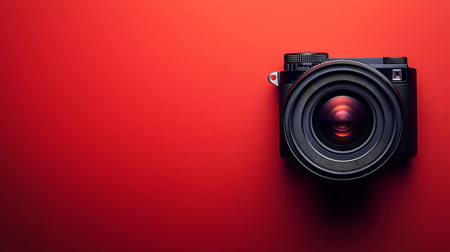 sleek black camera lens on vibrant red background for creative photography