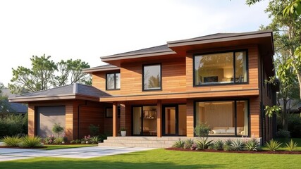 Fototapeta premium Stylish modern home exterior with wooden accents and large windows, wooden, home