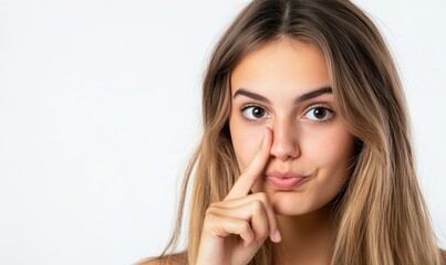 She touches her nose with a fingertip over an isolated white background.