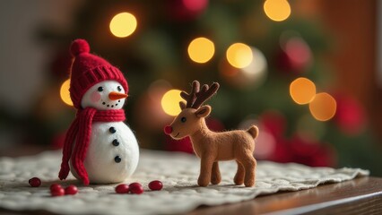 Festive christmas scene with snowman and reindeer in holiday decor setting