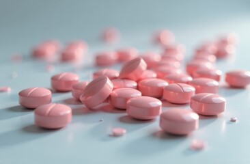 Pink medicine pills on light surface for healthcare and pharmaceutical concepts
