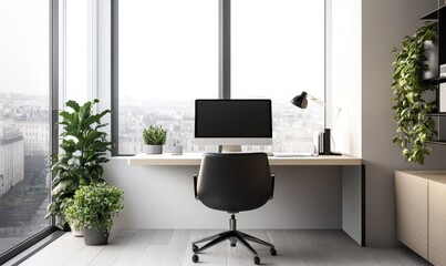 Fototapeta premium Sleek and minimalist home office setup with a sleek desk, ergonomic chair, minimalist decor, and ample natural light, offering a functional and aesthetic workspace.