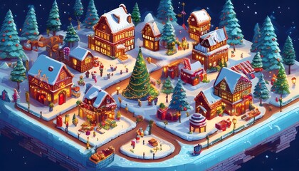 Naklejka premium A festive pixel art map of a charming Christmas village showcasing Santas sleigh launch and holiday activities. Generative AI