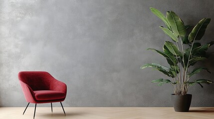 Minimalist Modern Interior with Red Velvet Armchair and Textured Concrete Wall