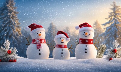 Obraz premium Snowmen standing in winter Christmas landscape.Winter background.