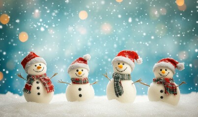 Snowmen standing in winter Christmas landscape.Winter background.