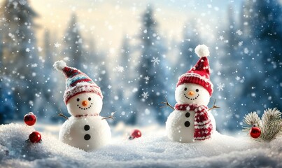 Snowmen standing in winter Christmas landscape.Winter background.