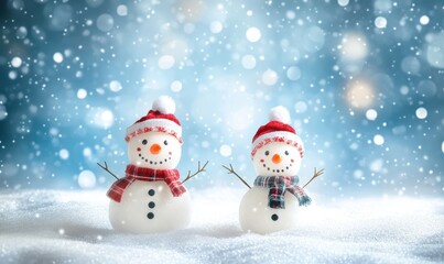 Snowmen standing in winter Christmas landscape.Winter background.