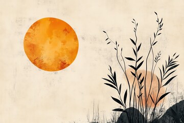 Minimalist Sunrise Meadow Boho Abstract Sun and Leaves Background Design, Geometric Minimalism Landscape Wallpaper, Nature Shapes Fine Art Print Concept