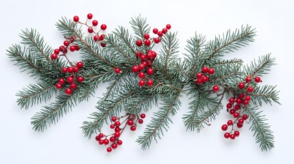 Red Berries and Spruce Branches on White Background