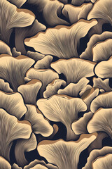 Obraz premium Oyster mushroom line art wallpaper pattern design. Luxury natural hand drawn golden oyster mushroom pattern in minimalist linear contour style in black background for fabric, wallcovering, invitation.