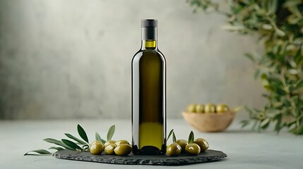 Olive oil. A sleek olive oil bottle is displayed with fresh olives and leaves, set on a textured surface, evoking a rustic and natural ambiance.