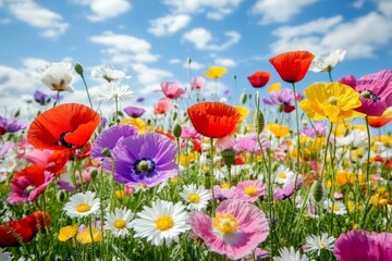 Vibrant Meadow of Blooming Poppies and Daisies Under Clear Sky