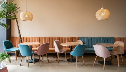 Colored modern cafe interior with chairs and tables with couch, beige wall
