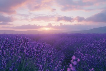 Fototapeta premium Lavender Fields Under a Beautiful Sunset