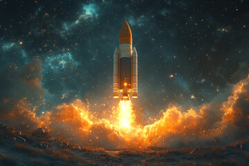 Obraz premium Rocket Launch Through Fiery Clouds Towards Starry Sky