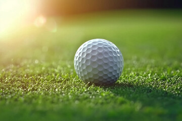 White golf ball resting on lush green grass in a sunlit field, showcasing the perfect texture and detail of the ball and surrounding environment for sporty themes.