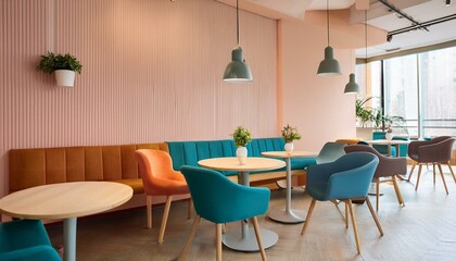 Fototapeta premium Colored modern cafe interior with chairs and tables with couch, beige wall