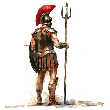 recommend clip art: A watercolor of a Roman Gladiator with a Trident, isolated on a white background. Roman Gladiator with a Trident vector.