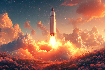 Rocket Launching Through Sunset Cloudscape Over Field Of Flowers