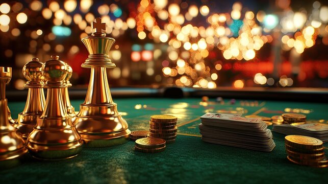 A vibrant casino scene featuring chess pieces, poker cards, and stacks of coins.