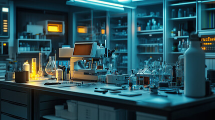 A laboratory workspace filled with glassware and scientific equipment for experiments.