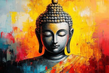 Digital Painting of Serene Buddha with Golden Aura and Colorful Brushstrokes