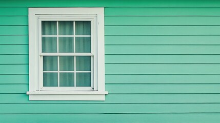 Fototapeta premium A turquoise wall featuring a white-framed window.