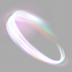 Prism Flare Light Glowing swirl PNG of bright lines. Vector Circle Neon Light line of Iridescent Holographic Rainbow light Overlay effect, Crystal reflection glare glitter rays