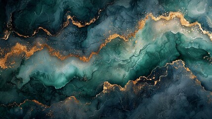 Abstract fluid art featuring teal and gold waves, creating a serene and elegant composition.