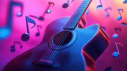 A vibrant acoustic guitar surrounded by musical notes in a colorful setting.