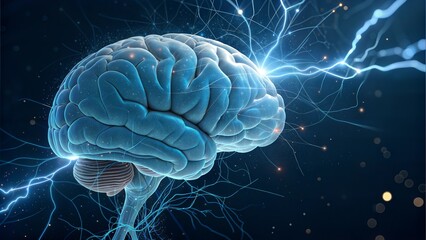 Hyperrealistic human brain illustration with blue highlights on the limbic system and neuron connections