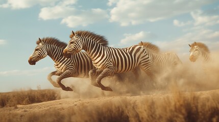 Fototapeta premium A dynamic scene of zebras galloping through a dusty landscape under a blue sky.