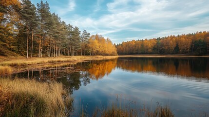 Fototapeta premium Autumn lake reflection in forest. Peaceful nature scene.