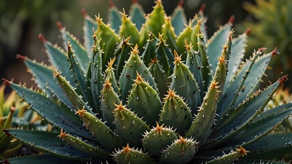 Beautiful close-up of a flowering Green Victoria Agave Cactus. Generative AI