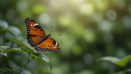 Fototapeta premium Nature view of beautiful orange butterfly on green nature blurred background in garden with copy space using as background insect, Generative AI