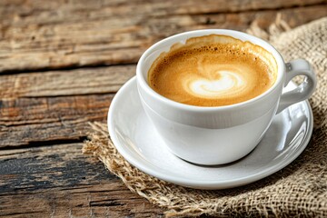 Obraz premium Delicious Coffee in a White Cup on Rustic Wooden Table