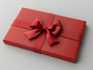 Red gift box with satin ribbon bow on grey background 3D rendering minimalist elegance festive celebration