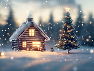 "A small cabin in the snow with a Christmas tree