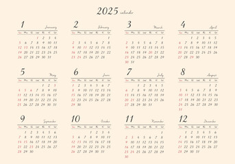 2025年_年間カレンダー_レトロ ヨコ型	