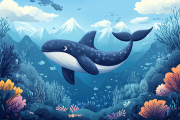 Fototapeta premium Whale Swimming Underwater Mountainous Scene