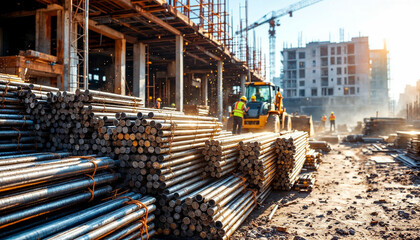 Naklejka premium A construction site with stacks of rebar, machinery, and half-built structures under bright sunlight.