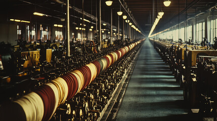 Fototapeta premium Rows of sewing machines operate in a U.S. textile factory, showcasing the industrial processing of fabric and clothing manufacturing